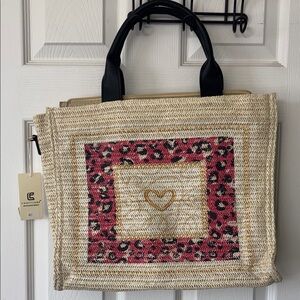 Chic Woven Satchel with Pink Leopard Accents